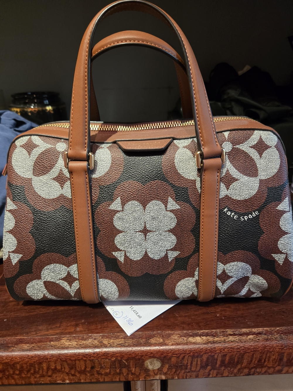 kate spade Brown and Cream Floral Dome Satchel with Tan Trim